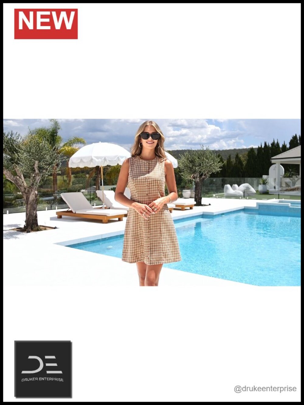 Plaid Sleeveless Zip Up A Line Mini Dress Business Casual Vacation Sundress - Picture 6 of 6